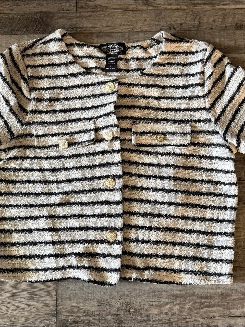 Girls Black & White Striped Tweed blouse - Classic Button Front